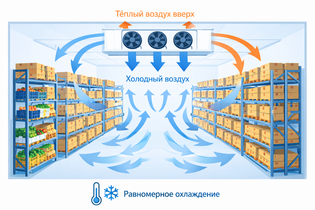 Схема раскладки стеллажей и циркуляции воздуха в большом холодильном складе
