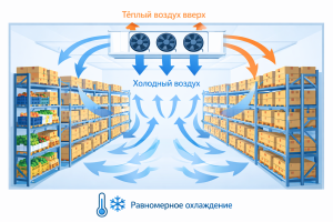 Схема раскладки стеллажей и циркуляции воздуха в большом холодильном складе